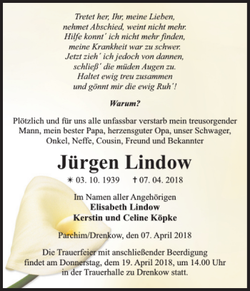 Traueranzeige von Jürgen Lindow von Parchimer Zeitung