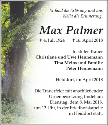 Traueranzeige von Max Palmer von Ludwigsluster Tageblatt