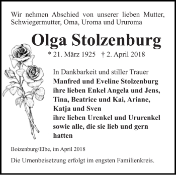 Traueranzeige von Olga Stolzenburg von Hagenower Kreisblatt