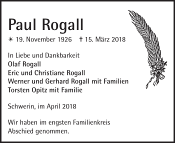 Traueranzeige von Paul Rogall von Zeitung für die Landeshauptstadt