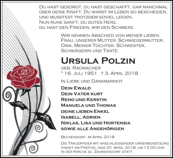 Traueranzeige von Ursula Polzin von Hagenower Kreisblatt