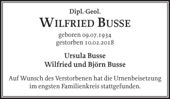 Traueranzeige von WILFRIED BUSSE von Zeitung für die Landeshauptstadt