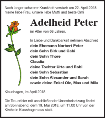 Traueranzeige von Adelheid Peter von Templiner Zeitung