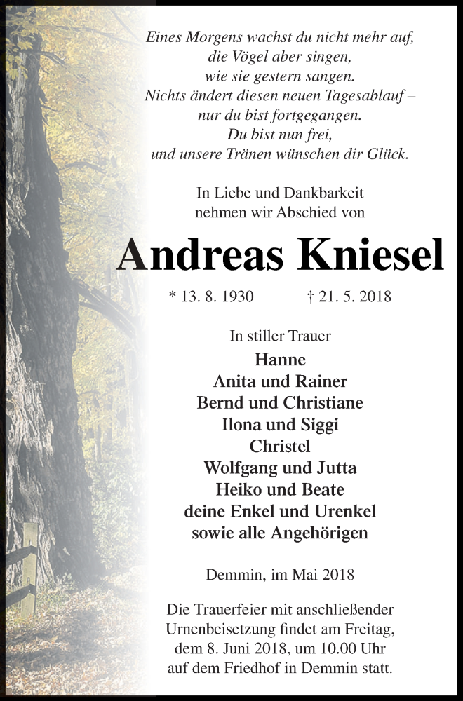  Traueranzeige für Andreas Kniesel vom 25.05.2018 aus Demminer Zeitung