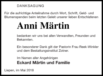 Traueranzeige von Anni Märtin von Vorpommern Kurier