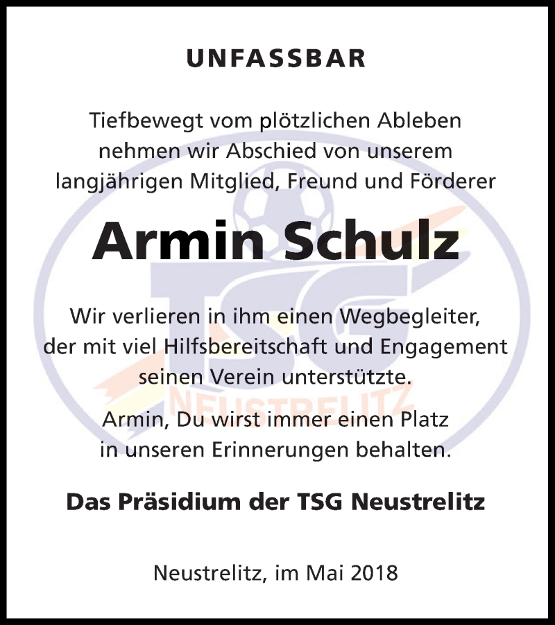  Traueranzeige für Armin Schulz vom 26.05.2018 aus Strelitzer Zeitung