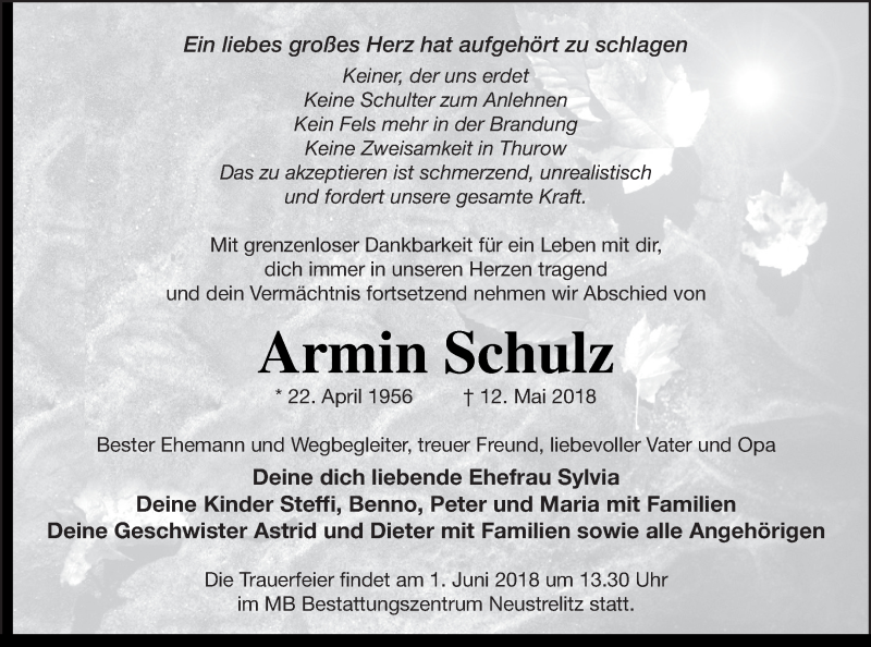  Traueranzeige für Armin Schulz vom 17.05.2018 aus Strelitzer Zeitung