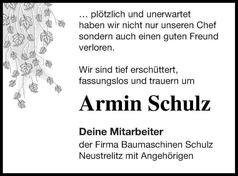 Traueranzeige für Armin Schulz vom 25.05.2018 aus Strelitzer Zeitung