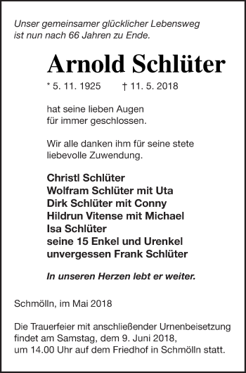 Traueranzeige von Arnold Schlüter von Prenzlauer Zeitung