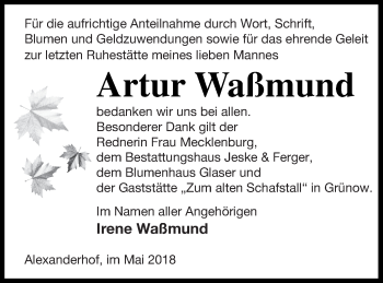 Traueranzeige von Artur Waßmund von Prenzlauer Zeitung