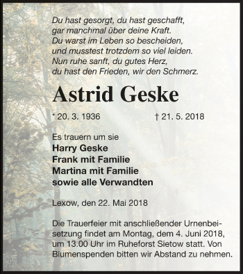 Traueranzeige von Astrid Geske von Müritz-Zeitung