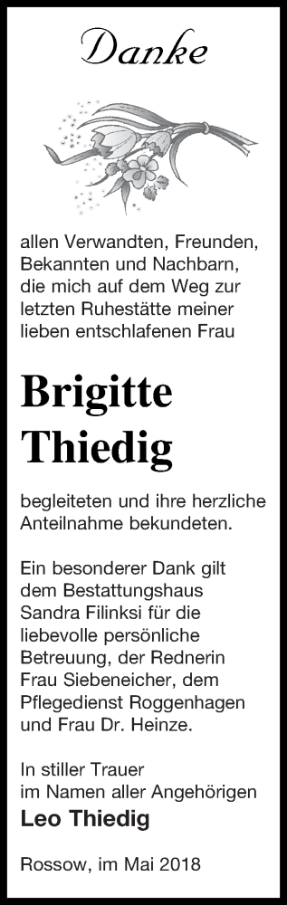 Traueranzeige von Brigitte Thiedig von Neubrandenburger Zeitung