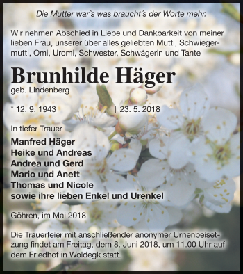 Traueranzeige von Brunhilde Häger von Strelitzer Zeitung