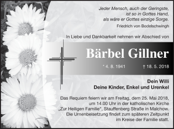 Traueranzeige von Bärbel Gillner von Müritz-Zeitung
