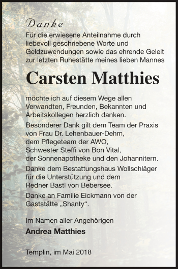 Traueranzeige von Carsten Matthies von Pasewalker Zeitung