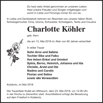 Traueranzeige von Charlotte Köhler von Pasewalker Zeitung