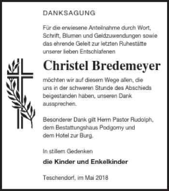 Traueranzeige von Christel Bredemeyer von Neubrandenburger Zeitung