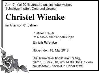 Traueranzeige von Christel Wienke von Müritz-Zeitung