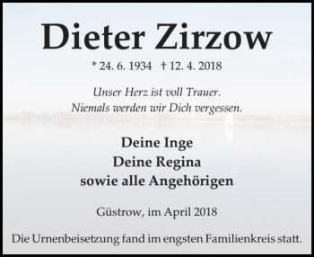 Traueranzeige von Dieter Zirzow von Güstrower Anzeiger