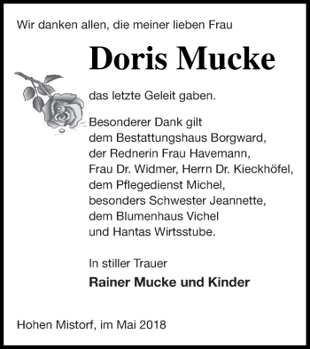 Traueranzeige von Doris Mucke von Mecklenburger Schweiz