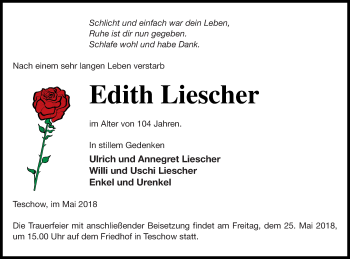 Traueranzeige von Edith Liescher von Mecklenburger Schweiz