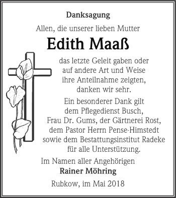 Traueranzeige von Edith Maaß von Vorpommern Kurier