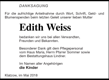 Traueranzeige von Edith Weiss von Neubrandenburger Zeitung