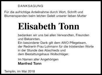 Traueranzeige von Elisabeth Tonn von Templiner Zeitung