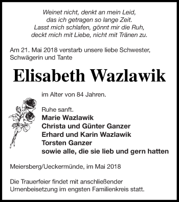 Traueranzeige von Elisabeth Wazlawik von Haff-Zeitung