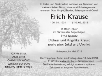 Traueranzeige von Erich Krause von Prenzlauer Zeitung