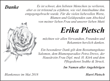 Traueranzeige von Erika Pietsch von Pasewalker Zeitung