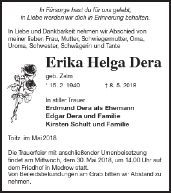 Traueranzeige von Erika Helga Dera von Demminer Zeitung