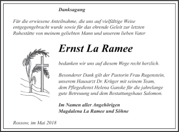 Traueranzeige von Ernst La Ramee von Pasewalker Zeitung