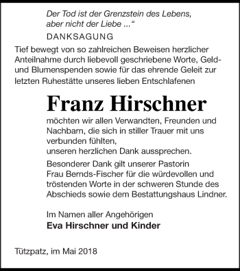 Traueranzeige von Franz Hirschner von Neubrandenburger Zeitung