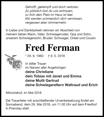 Traueranzeige von Fred Ferman von Prenzlauer Zeitung