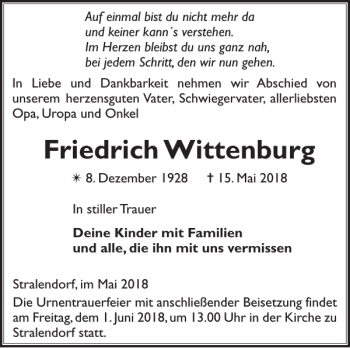 Traueranzeige von Friedrich Wittenburg von Zeitung für die Landeshauptstadt