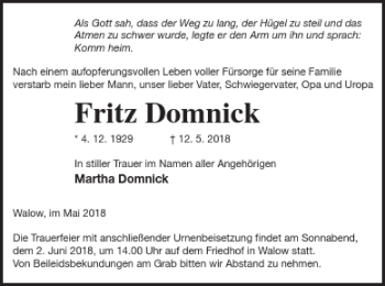 Traueranzeige von Fritz Domnick von Müritz-Zeitung