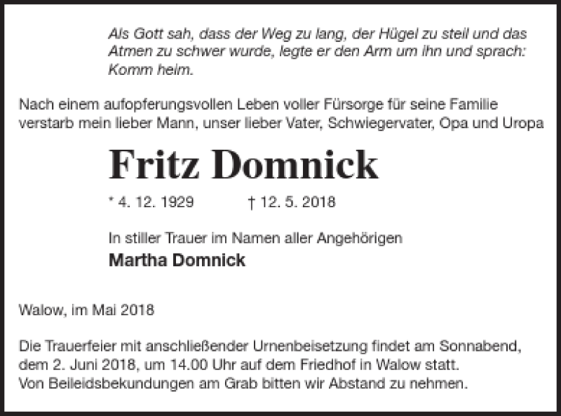 Traueranzeigen von Fritz Domnick | Trauer Nordkurier