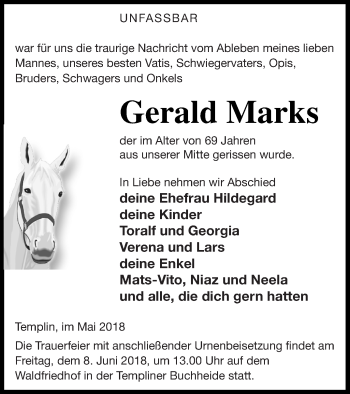 Traueranzeige von Gerald Marks von Templiner Zeitung