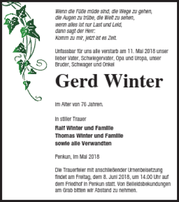 Traueranzeige von Gerd Winter von Pasewalker Zeitung