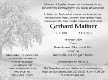 Traueranzeige von Gerhard Mattner von Müritz-Zeitung