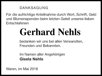 Traueranzeige von Gerhard Nehls von Müritz-Zeitung