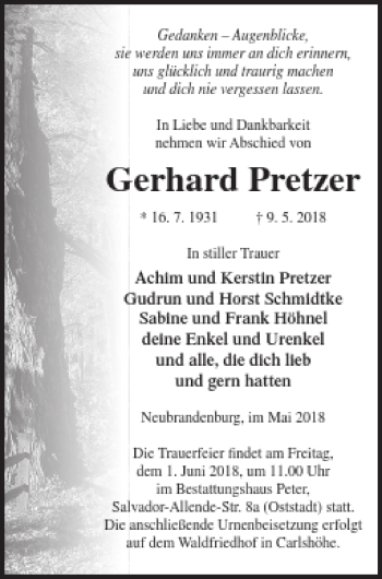 Traueranzeige von Gerhard Pretzer von Neubrandenburger Zeitung