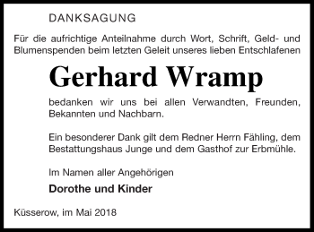 Traueranzeige von Gerhard Wramp von Mecklenburger Schweiz