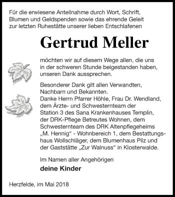 Traueranzeige von Gertrud Meller von Templiner Zeitung