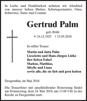 Traueranzeige von Gertrud Palm von Der Prignitzer