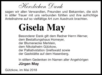 Traueranzeige von Gisela May von Vorpommern Kurier