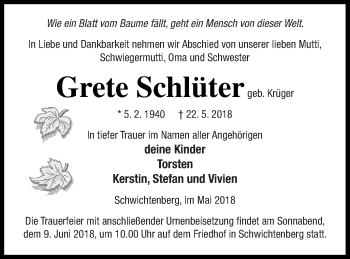 Traueranzeige von Grete Schlüter von Neubrandenburger Zeitung