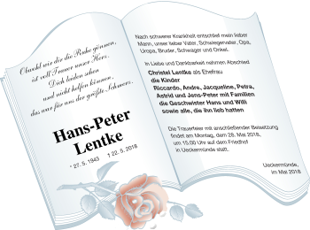 Traueranzeige von Hans-Peter Lentke von Haff-Zeitung