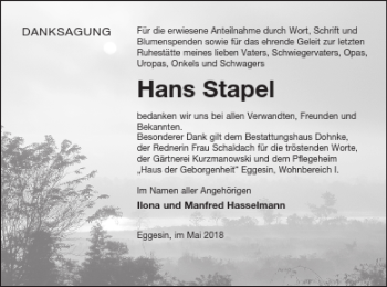 Traueranzeige von Hans Stapel von Haff-Zeitung